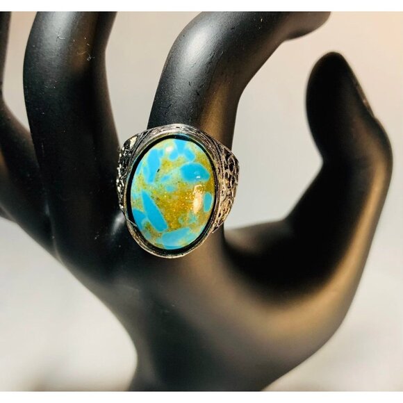 No brand / Not sure Jewelry - Vintage Silver Tone Ring With Blue & Gold Swirl Oval Stone
